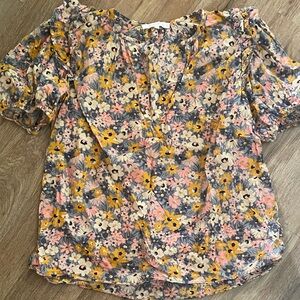 Olivaceous 100% cotton notch v-neck blouse shirt shirt sleeve top shirt floral